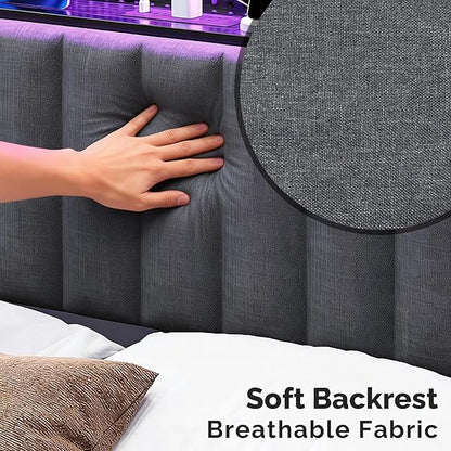 VINGLI Full Size Headboard Only, Adjustable Upholstered Headboard with 3 Tier Shelves and Pegboard with Charging Stations and LED Lights, Modern Bed Headboard with Storage for Bedroom Decor
