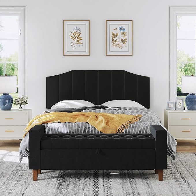 Velvet Queen Size Headboard, Upholstered Headboard Queen/Full Size Wall Mount and Bed Frame Mount, Featuring High-Density Sponge Padding Luxury Texture Easy Assembly Comfort Style-Black