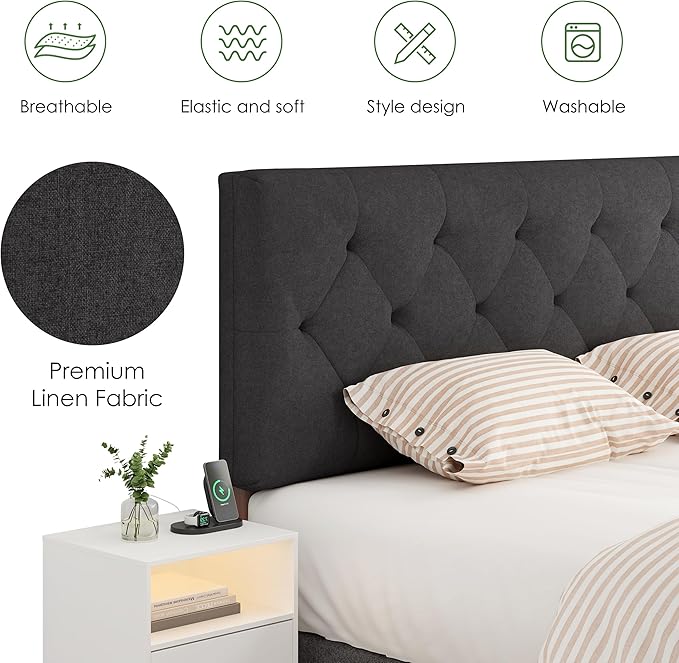 Queen Upholstered Headboard Only for Bed Frame from 49”-62”, Adjustable Height Queen XL Headboards with Durable Wood Legs, Fabric Bed Board in Modern Button Design, Dark Grey
