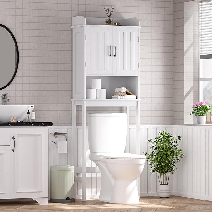 Over-The-Toilet Storage Shelf with Doors, Bathroom Freestanding Space Saver Organizer with Adjustable Shelf, White
