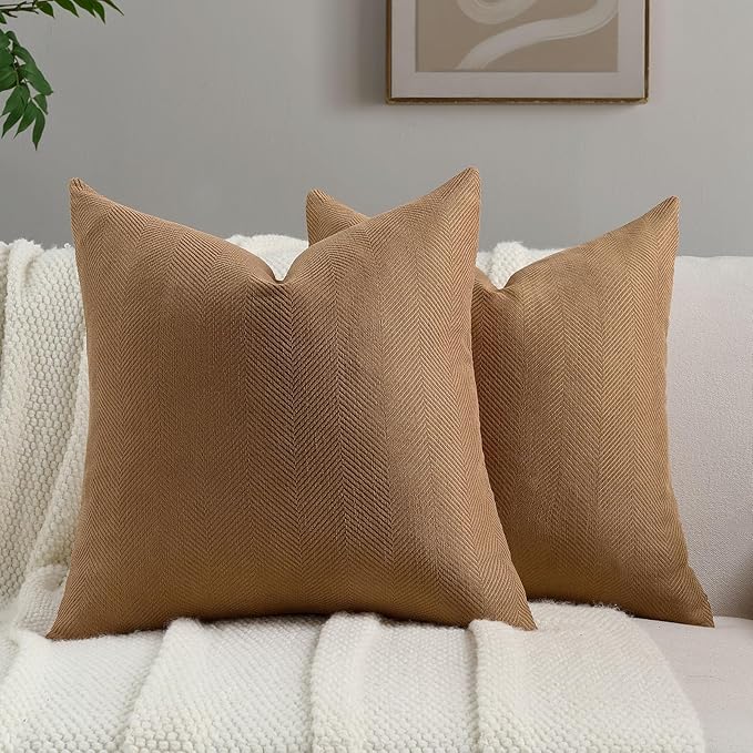FUTEI Rust Chenille Throw Pillow Covers 22x22 Inch Set of 2,Soft Wide Chevron Textured Cushion Case,Farmhouse Home Decor for Couch Bed Living Room