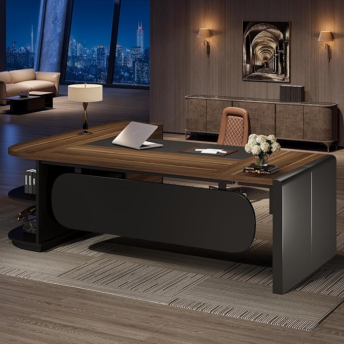Tribesigns 81-Inch L-Shaped Office Desk, Large Commercial Office Desk with Drawers and File Cabinet, Modern Professional Business Furniture Workstations with Storage Shelves, Brown & Black