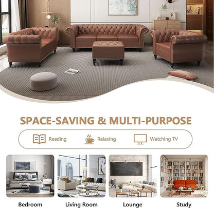 Home Sofa Living Room Furniture, 3 Seater Leather Upholstered Sofa Couch, Modern Comfy Couch with Faux Leather Cushions, Mid Century Tufted Chesterfield Sofas for Bedroom, Office, Apartment (Brown)
