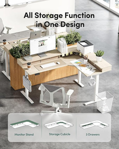 FEZIBO L Shaped Electric Standing Desk, 63 x 48inch Large with Drawers | Reversible Tabletop, 2 Memory Height Settings | Home Office & Gaming Height-Adjustable Table, Light Walnut Top/White Frame