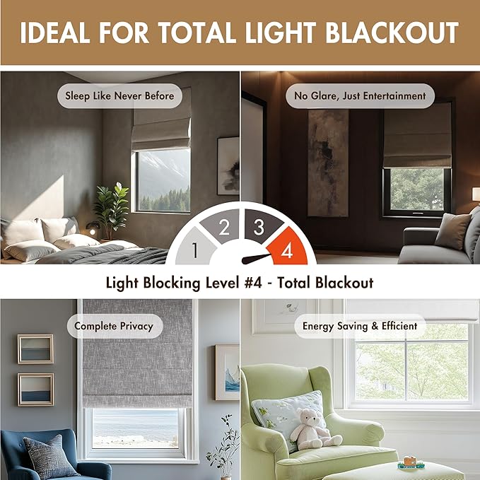Madison Park Cordless Roman Shades, Total Blackout Window Blind Privacy Window Shades, Thermal Insulated Cordless Window Treatment for Bedroom, Living Room, Quincy, Single Panel 27" W X 64" H Linen