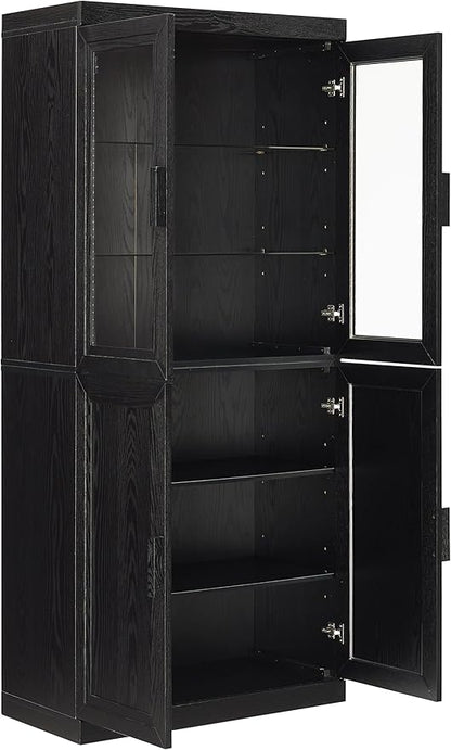 Crosley Furniture Essen Glass Door China Hutch Kitchen Pantry Storage Cabinet with Doors and Shelves, Black