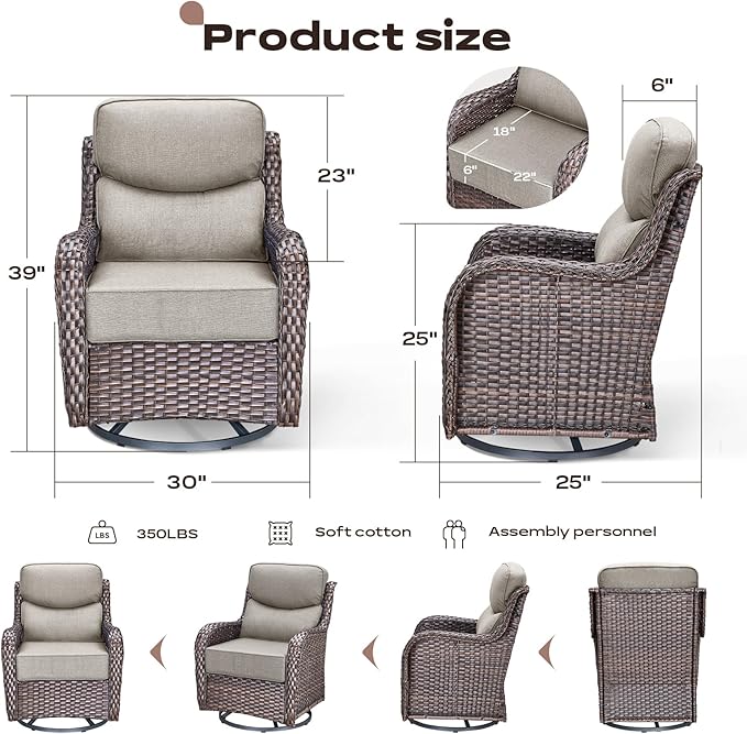 Rilyson Outdoor Patio Swivel Rocker Chairs Set of 2, Waterproof Wicker, High Back, Deep Seating, Wide Armrest, Upgraded 6 inch Thick Cushions, Side Table, Ideal for Deck Porch Yard, Brown/Beige