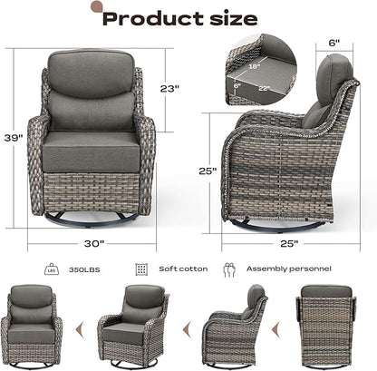 Rilyson 6 Piece Outdoor Patio Swivel Rocker Chairs, Waterproof Wicker, High Back, Deep Seating, Wide Armrest, Upgraded 6 inch Thick Cushions, Side Table, Ideal for Deck Porch Yard, Mixed Grey/Grey