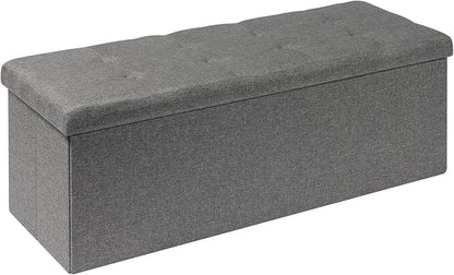 PINPLUS Folding Storage Ottoman Bench, Grey Linen Long Ottoman Chest Foot Rest Stool with Padded Seat, Chest with Tray, Bedroom Bench with Storage, 43.3inches