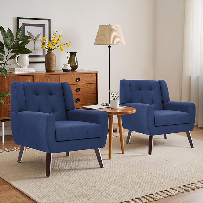 Accent Chairs Set of 4, Mid-Century Modern Upholstered Armchair, Comfy Fabric Living Room Chairs Reading Chairs with Button Tufted Back & Solid Wood Legs for Bedroom, Office, Blue