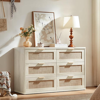 LEYAOYAO Rattan Dresser for Bedroom Set of 2, Boho 48" Wide White Dresser Chest of Drawers, Dressers TV Stand with Metal Handle, Storage Dressers Closet Organizer for Living Room, Hallway