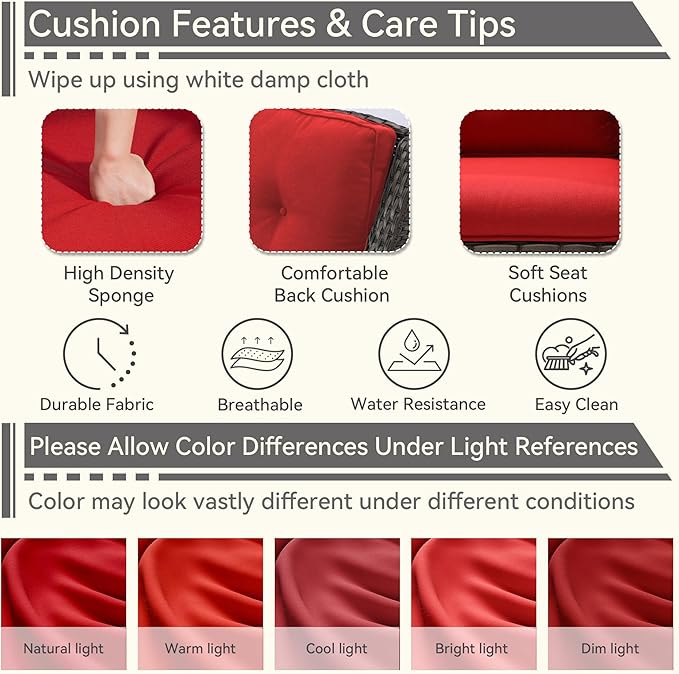 5 Pieces Patio Conversation Set, Wicker Chairs Set of 2 and Two Ottomans with 3.5-inch Seat Cushions, 1 Side Table High Back and Curved Armrest for Backyard, Balcony and Deck, Red