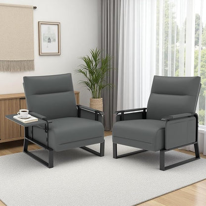 Upholstered Accent Chairs Set of 2, Modern Faux Leather Sofa Chairs with Foldable Side Tray Table & Storage Pocket, Small Accent Sofas for Living Room, Bedroom, Gray