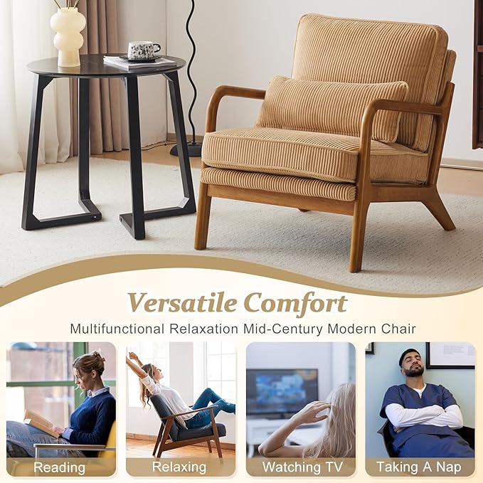 VINGLI Upgraded Premium Corduroy Accent Chairs Set of 2,Upholstered Arm Chair,Solid Wood Comfy Reading Chair with Lumbar Pillow, Mid Century Modern Chairs for Living Room,Bedroom,Khaki