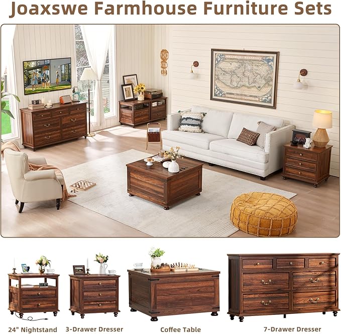 Farmhouse Dresser and Nightstand Sets, Wood 54" Wide Dresser & 24" Night Stand with Charging Station, 2 Piece Bedroom Furniture Set, Chest of Drawers for Bedroom, Home, Living Room, Hallway