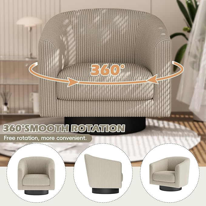 360° Swivel Accent Chairs, Modern Bucket Chair, Corduroy Barrel Armchair, Comfy Boucle Chair, Single Sofa for Living Room Bedroom. Camel