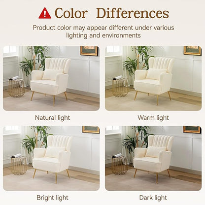 Fabric Accent Living Room Arm Chair Set of 2 Mid Century Modern Chairs with Pillow & Golden Legs, 8.5" Thick Cushion, Upholstered Comfy Sofa Armchair for Reading Room/Bedroom, White