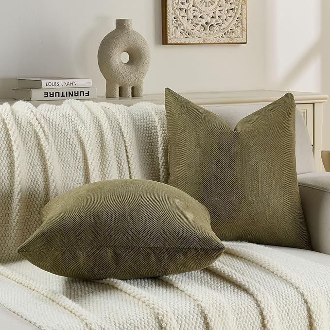 FUTEI Olive Green Chenille Throw Pillow Covers 20x20 Inch Set of 2,Soft Wide Chevron Textured Cushion Case,Farmhouse Home Decor for Couch Bed Living Room