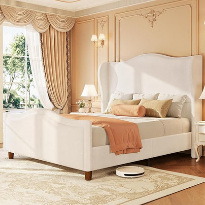 koorlian Queen Size Bed Frame Chenille Upholstered Platform Bed with 51" Tall Headboard and High Deep Tufted Footboard, Modern Retro Minimalist Style Wingback Sleigh Bed, Easy Assembly, Cream