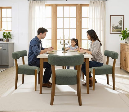 Modern Green Dining Chairs Set of 6, Walnut Upholstered Kitchen & Dining Room Chairs, Mid Century Modern Wooden Dining Chairs Oversized Sturdy Fabric Rounded Chairs Curved Back