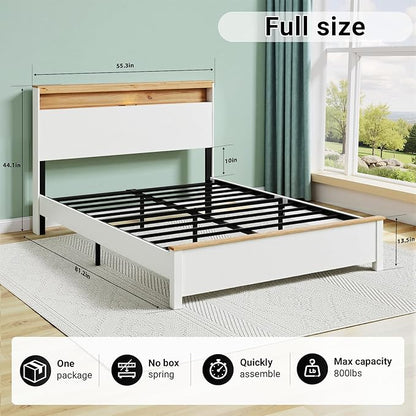 Full Bed Frame, Wood Platform Bed Frame with Storage Headboard, Charging Station, Modern Bedframe Full Size, 800lbs Capacity, Metal Slat Support, Noise-Free, No Box Spring Needed-White