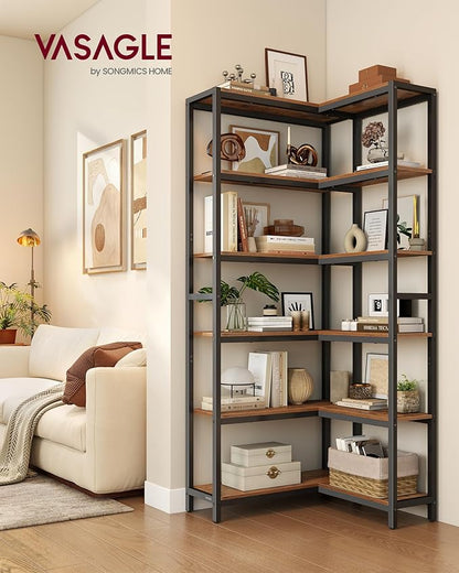 VASAGLE 6 Tier Bookshelf with Metal Frame, Convertible Industrial Corner Shelf, 9.4 x 40.2 x 69 Inches, for Living Room, Bedroom, Home Office, Rustic Brown and Ink Black ULLS606K01