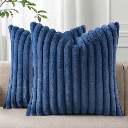 Pallene Faux Fur Plush Throw Pillow Covers 16x16 Set of 2, Luxury Soft Fluffy Striped Decorative Pillow Covers for Sofa, Couch, Living Room, Navy Blue