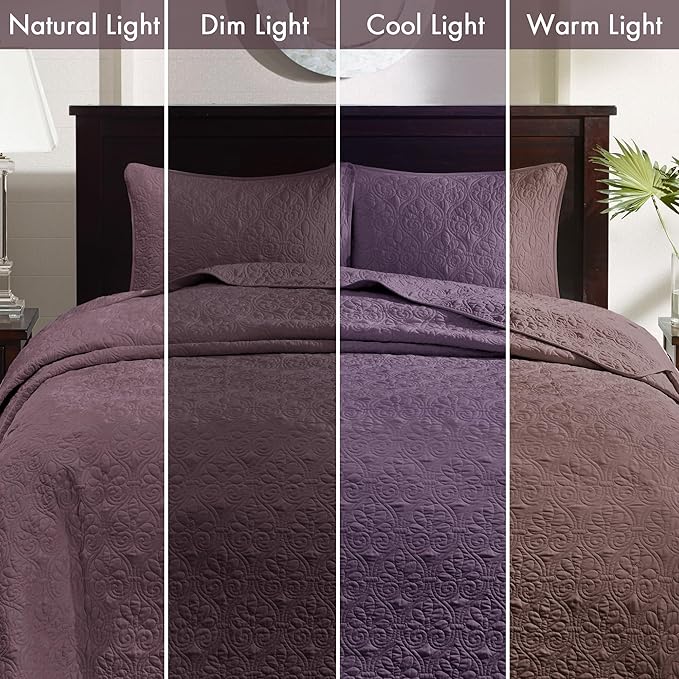 Madison Park Quebec Reversible Damask Design, Double Sided Quilting All Season, Lightweight Coverlet Bedspread Bedding Set, Matching Shams, King(120"x118"), Purple