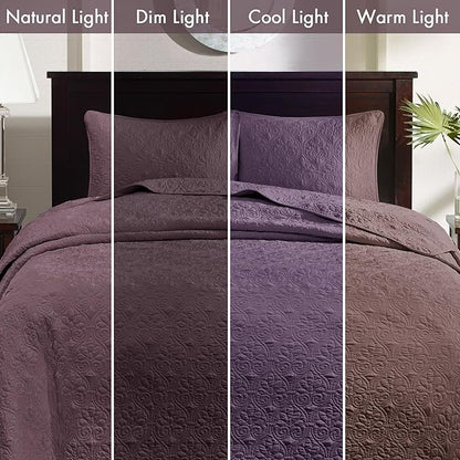 Madison Park Quebec Reversible Damask Design, Double Sided Quilting All Season, Lightweight Coverlet Bedspread Bedding Set, Matching Shams, Queen(102"x118"), Purple