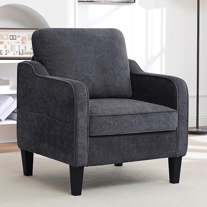 Accent Chairs Set of 2, Upholstered Living Room Chairs with Side Pockets, Mid Century Modern Reading Chair for Bedroom, Comfy Armchair Single Sofa Side Chair for Office, Small Room, Dark Grey