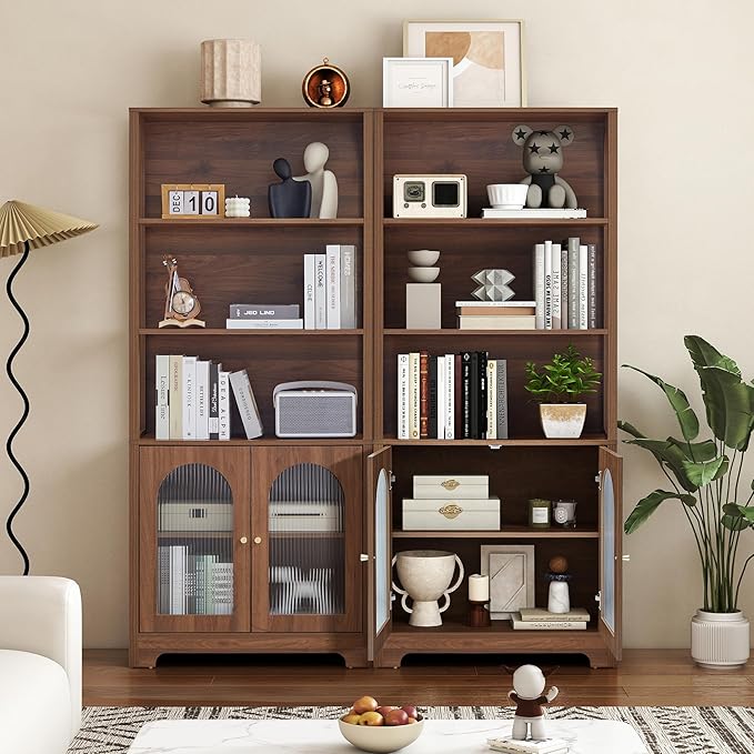 RARZOE Set of 2 Bookshelves and Bookcases, 5-Tier Arched Bookshelf with Glass Doors, Floor Standing 5 Shelf Book case, Wood Display Cabinet Storage Organizer for Living Room, Bedroom, Office(Walnut)