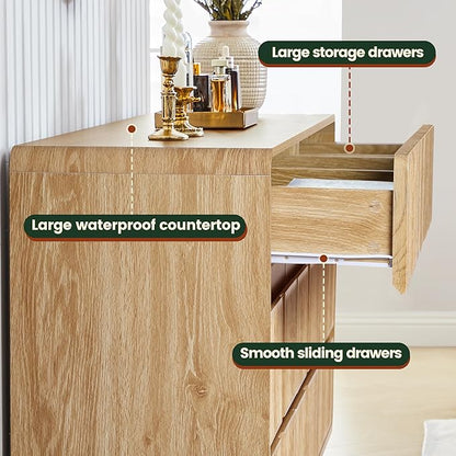 Fluted 9 Drawer Dresser for Bedroom, 60" Wide Modern Chest of Storage Drawers, Wood Dresser & Chest of Drawers with Curved Corners, Dressers TV Stand for Living Room (60" Natural 9 Drawer)