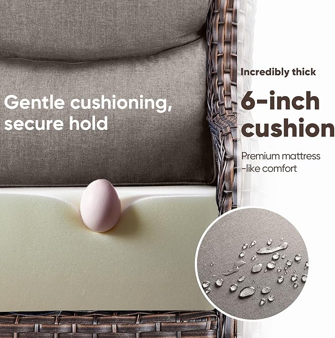 Swivel Patio Chairs sofa Set of 9 with 6" Thick Cushion - Wicker Outdoor Swivel Rocker Patio Chair ,Sofa/Glass coffee table, High Back Comfortable Outdoor Glider Chairs -Brown Wicker | Gery Cushions