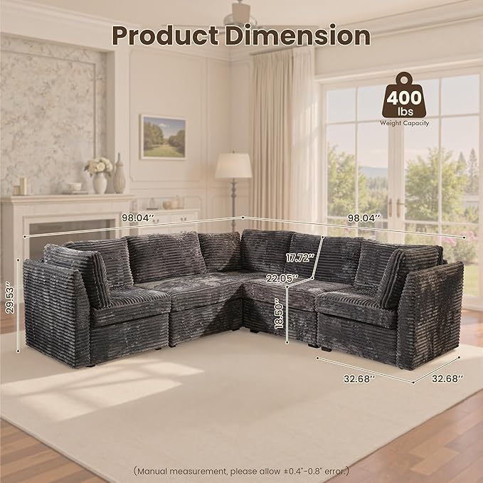 130'' Modern Modular Sectional Sofa,5 Seats Cloud Comfort Corduroy Fluffy Couch,L Shaped Convertible Sofa Couch for Living Room,Grey