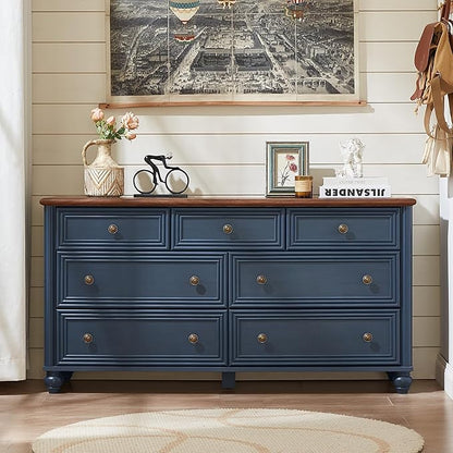 7 Drawers Dresser for Bedroom, Farmhouse 54" Wide Wood Dressers Chest of Drawers, Vintage Design TV Stand, Rustic Storage Dresser Organizer with Metal Handle Closet for Living Room, Hallway