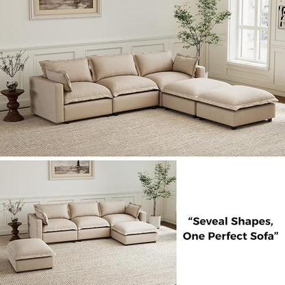 chairus 97" Modular Sectional Sofa with 2 Moveable Ottoman Upholstered Deep Seat Linen Couch Set with Soft Pillows U Shaped Sofa Couch for Living Room, Apartment, Reception Room, 3-Seater/Oatmeal