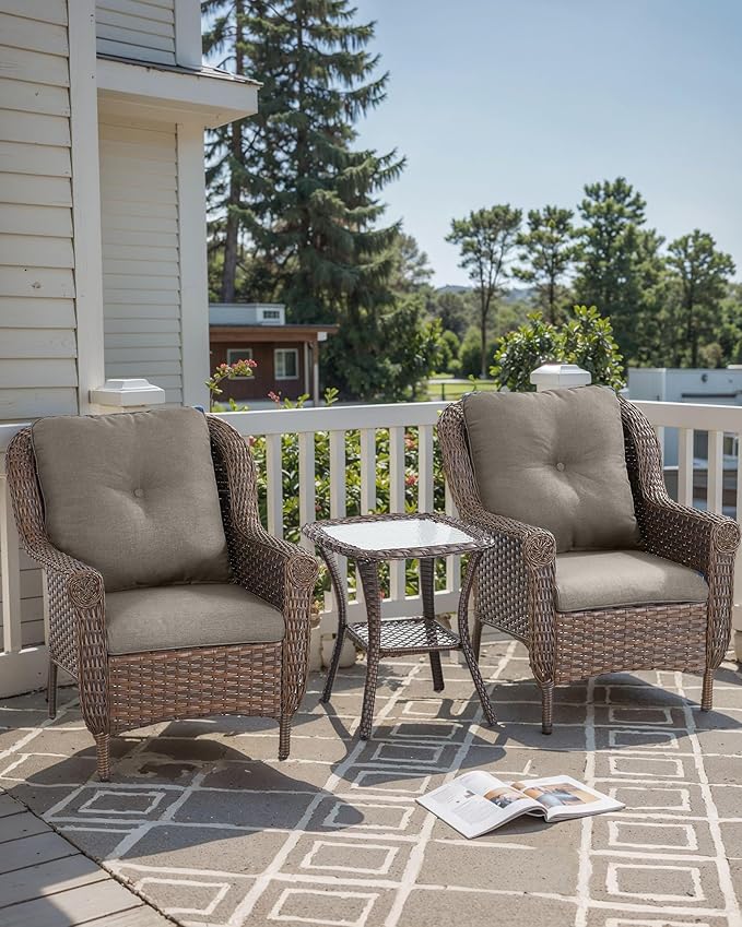 3 Piece Patio Brown Wicker Chairs with Side Table - Outdoor High Back Heavy Duty All-Weather Lawn Dining Rattan Chair Conversation Bistro Set for Deck Porch Balcony Backyard Garden - Grey