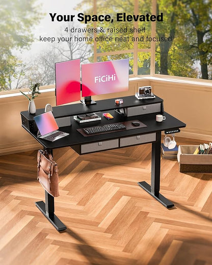 FiCiHi Adjustable Height Standing Desk with 4 Drawers,48 x 24 inches Electric Sit Stand Home Office Desk with Two Tiers, 3 Memory Presets, Monitor Stand Riser