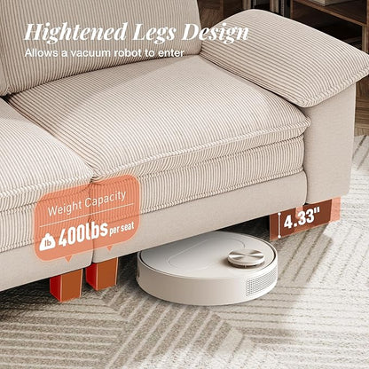 157-Inch L Shaped Sectional Sofa with Cloud Cushions, Deep Seat Modular Couch Set w/ 5 Seats & 1 Ottomans, Plush Chenille & Corduroy Upholstery for Living Room, Apartment - Beige