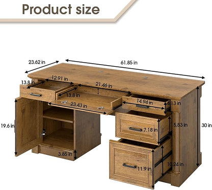 61.85″ Executive Desk with Roman Column Design, Large Boss Office Desk 3 Drawers incl. File Drawer, Keyboard Tray, Cabinet Shelf with Door, Vintage Oak