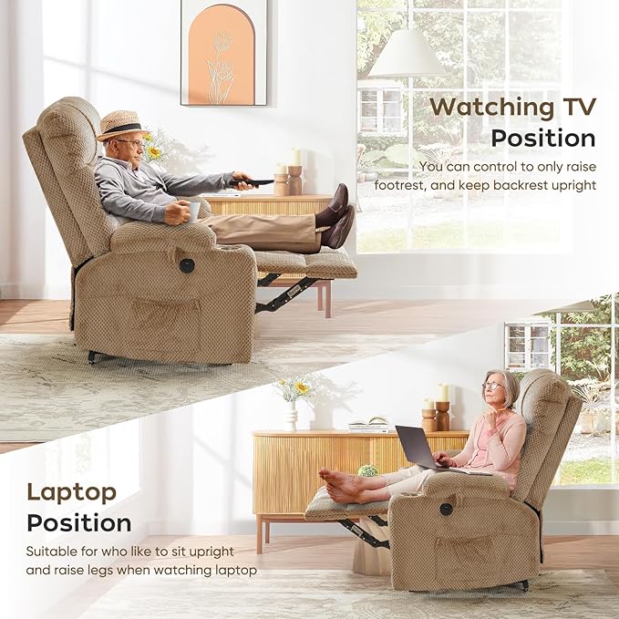 ABCASA Oversized Dual Motor Lay Flat Power Lift Recliner Chair with Massage, Heating, Lumbar Pillow, USB & Type-C Ports, Textile Lift Chairs Recliners, Large Recliner for Big & Elderly People - Beige