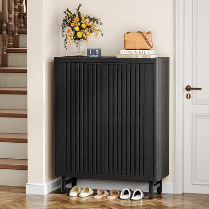 Tribesigns 6-Tier Farmhouse Shoe Cabinet with Shutter Doors, Wooden Shoe Organizer Rack with Adjustable Shelves, Modern Large Hidden Storage Furniture for Entryway, Hallway (Black)