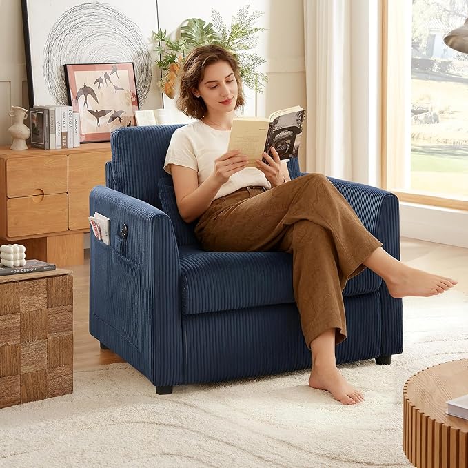 Modern Corduroy Accent Chairs, 38" W Comfy Armchair with Soft Pillows and Side Pockets, Single Reading Chairs for Living Room, Bedroom, Apartment, Navy Blue