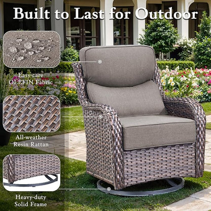 Luxury High Back Outdoor Furniture with 6-inch Extra Thick Cushions, Patio Furniture Set with Swivel Chairs, 5 PCS Wicker Conversation Set for Yard, Deck, Poolside, Brown/Grey
