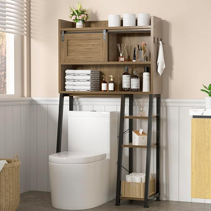 MU Over The Toilet Storage Cabinet with Sliding Door, 32.5" W Free Standing Toilet Shelf Space Saver with 3 Side Hooks & Anti-Tip Design, Space-Saving Toilet Rack for Bathroom, Laundry, Brown