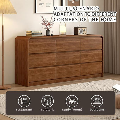 9 Drawer Dresser For Bedroom 63 Inch Wooded Chest of Drawers - Curved Anti Collision, Mid Century Dresser For Closet with Natural Texture & Pre-Embedded Slots for TV Stand, Living Room, Hallway