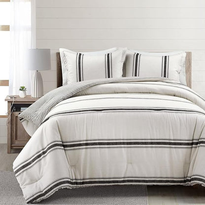 Lush Decor Farmhouse Stripe Reversible Cotton Comforter Set, 3 Piece Set, King, Black - Cozy Farmhouse Bedding Set - Rustic Decor - Striped Comforter - Modern Farmhouse Bedroom Decor