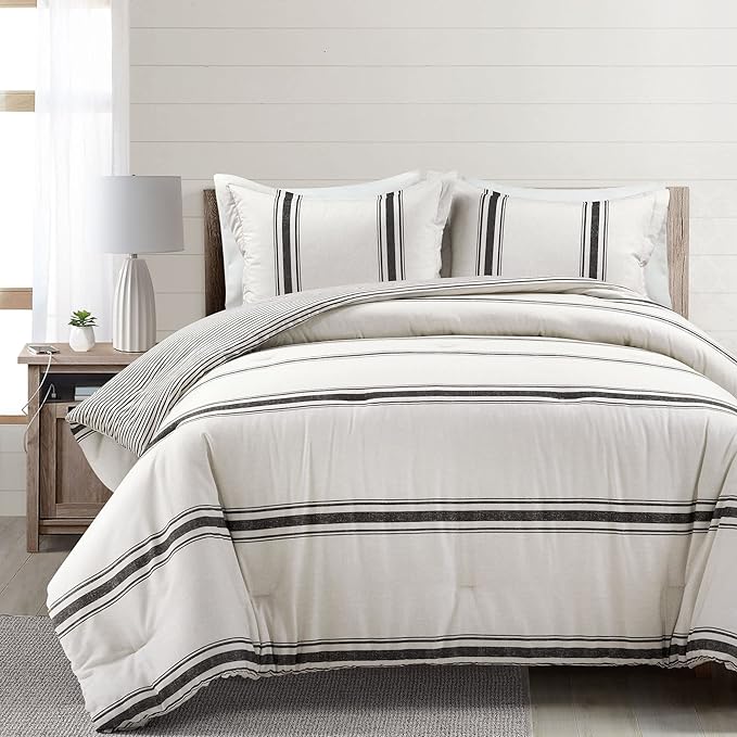 Lush Decor Farmhouse Stripe Reversible Cotton Comforter Set, 3 Piece Set, California King, Black - Cozy Farmhouse Bedding Set - Rustic Decor - Striped Comforter - Modern Farmhouse Bedroom Decor