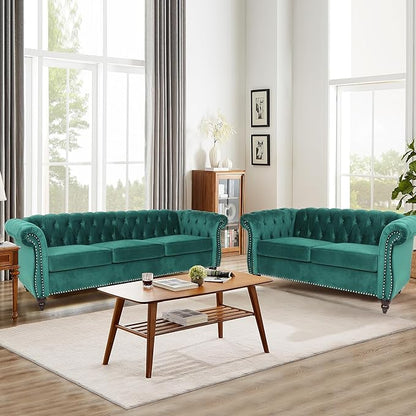 Home Sofa Living Room Furniture, 3 Seater 84" Velvet Upholstered Couch, Mid Century Modern Comfy Couch with Cushions, Classic Tufted Chesterfield Couches for Bedroom, Office, Apartment (Green)
