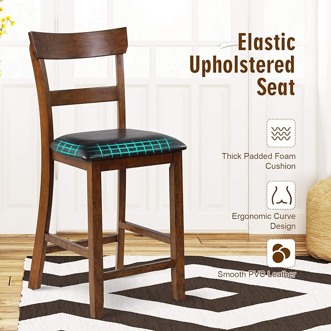 COSTWAY Counter Height Bar Stools Set of 4, 25.5 Inch Mid Century Modern Wooden High-top Chairs with Backrest, Rubber Wood Legs, Faux Leather Seat, Farmhouse Barstools for Kitchen Island, Pubs